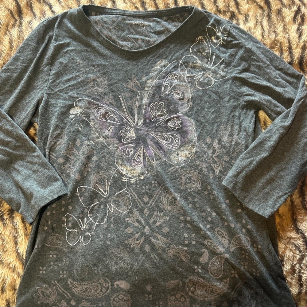 Laura Scott Charcoal Butterfly Long Sleeve Top